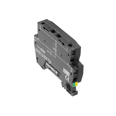 Ein schwarzes, rechteckiges elektrisches Bauteil mit mehreren Anschlüssen und CE-Kennzeichnung, steht aufrecht auf einer Seite.