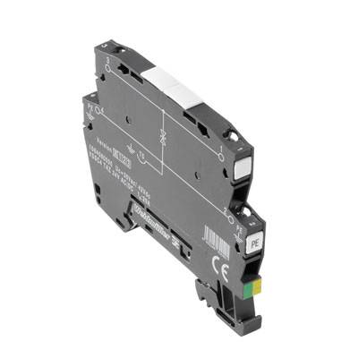 Ein schmales elektrisches Bauteil mit Anschlussklemmen, Beschriftung und CE-Zeichen, dient wahrscheinlich der Installation in einem Schaltschrank.