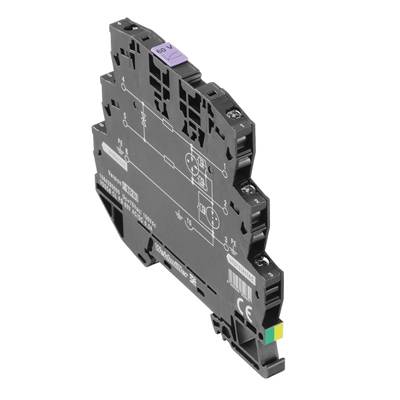Ein schwarzes, rechteckiges elektronisches Bauteil mit Beschriftungen und Anschlüssen. Es scheint für den Einsatz in Schalttafeln gedacht zu sein.