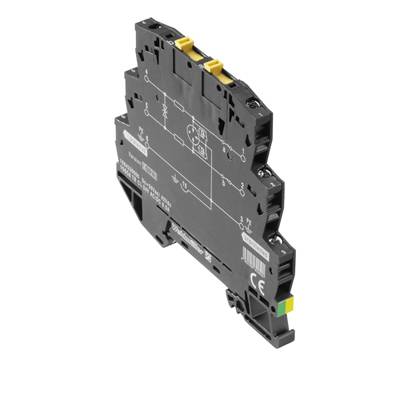 Elektrisches Relaismodul mit schwarzem Gehäuse, gelb-grünen Anschlüssen oben und einem aufgedruckten Schaltplan auf der Vorderseite.