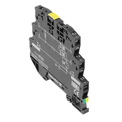 Schwarze elektronische Komponente mit mehreren Anschlüssen und Symbolen, ähnlich einer Sicherungseinheit, auf weißem Hintergrund.