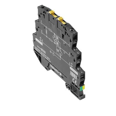 Industriekomponente: Schwarzes, dünnes elektrisches Modul mit gelben Anschlüssen und technischen Markierungen, verwendet für Relaisschaltungen.