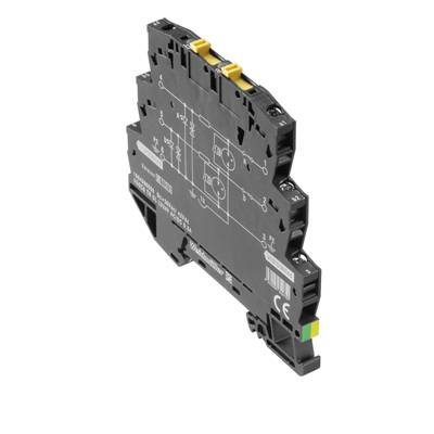 Ein schmales, schwarzes mehrschichtiges Terminalgerät mit technischen Markierungen und gelben Anschlussklemmen, verwendet in elektrischen Schaltkreisen.