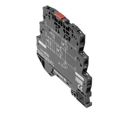 Ein schwarzes elektronisches Schaltgerät mit mehreren Anschlüssen und einem roten Schalter oben, verwendet in industriellen Anwendungen.