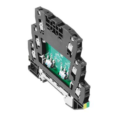 Ein schwarzes elektronisches Relaismodul mit grüner Platine und mehreren Anschlusspunkten, aufrecht stehend und seitlich abgebildet.