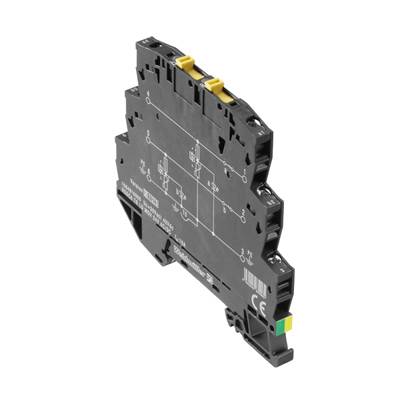 Schmales, schwarzes elektrisches Relaismodul mit gelben Hebeln und grünem Punkt. Beschriftung und Schaltplan sind aufgedruckt.