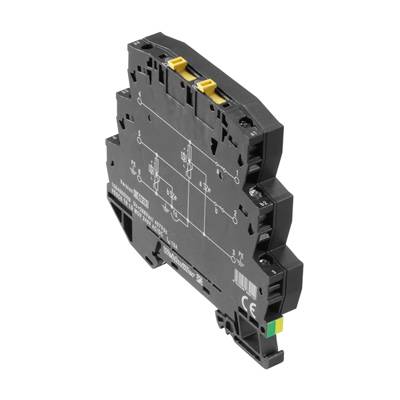 Ein elektronisches Modul in Schwarz mit gelben Steckanschlüssen. Es trägt technische Kennzeichnungen und das CE-Zeichen.