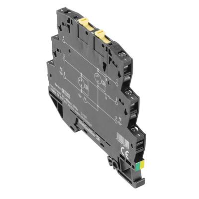 Ein schwarzes, schlankes Relaismodul mit mehreren Anschlüssen, Beschriftungen und einem CE-Zeichen, verwendet in elektrischen Systemen.