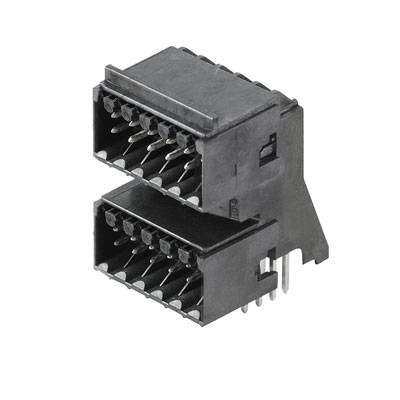 Ein doppelreihiger elektrischer Steckverbinder mit rechteckiger Form, schwarzem Gehäuse und mehreren Metallpins an der Unterseite.
