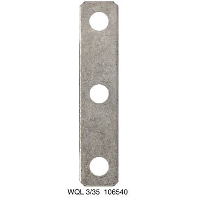 Ein rechteckiger Metallstreifen mit drei gleichmäßig verteilten Löchern. Im unteren Bereich steht: 'WQL 3/35 106540'.