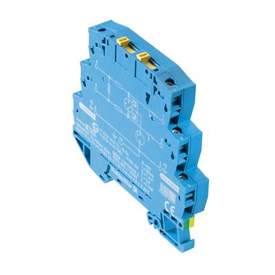 Ein blaues elektrisches Bauteil, vermutlich ein Relais oder eine Schaltungskomponente, mit mehreren Anschlüssen und technischem Aufdruck.