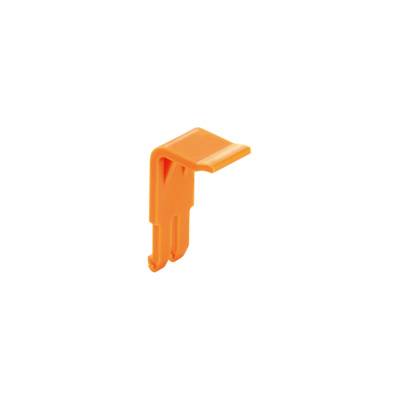 Ein orangefarbenes Kunststoffteil, das wie ein Haken gestaltet ist. Es hat eine gebogene Spitze und zwei parallele Schlitze an der Basis.