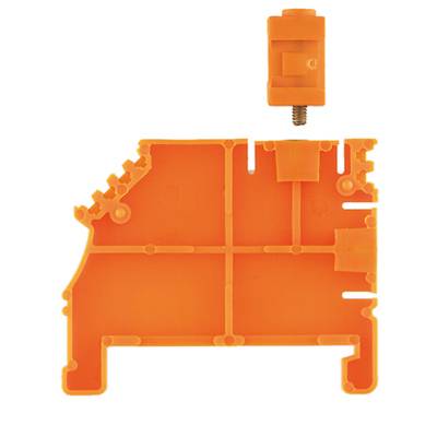 Ein orangefarbenes Kunststoffteil und eine kleine, separate Komponente mit einem Metallgewinde liegen auf weißem Hintergrund.