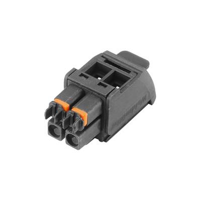Ein schwarzer, zweipoliger Steckverbinder mit orangefarbenen Akzenten, typisch für elektrische Verbindungen, auf weißem Hintergrund.