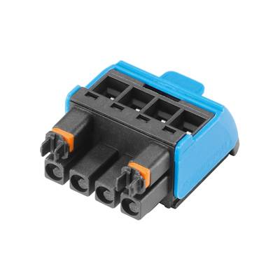 Vierpoliger elektrischer Steckverbinder, schwarz und blau, zur Verbindung von Kabeln in elektrischen Systemen.