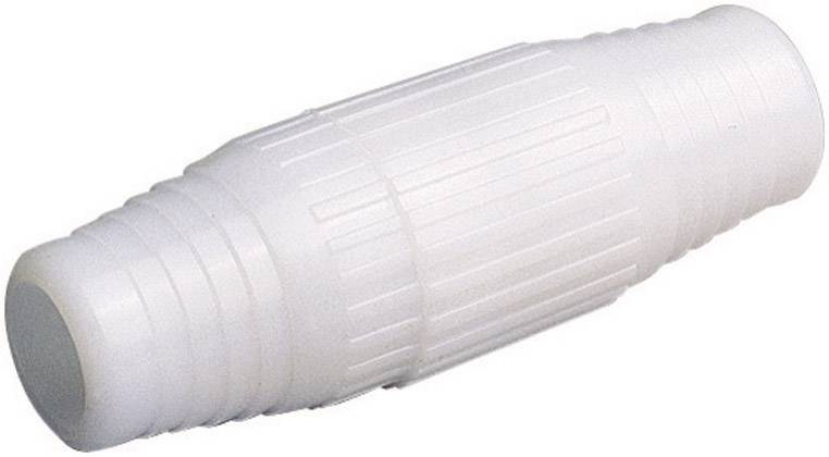 Ein weißer, zylindrischer Plastikverbinder mit geriffelter Oberfläche, vermutlich für Rohr- oder Schlauchverbindungen.