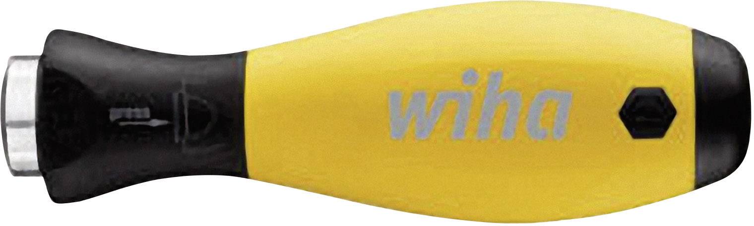 Ein gelber Schraubendrehergriff mit schwarzem Ende, auf dem der Schriftzug 'wiha' steht und ein Sechskant zu sehen ist.
