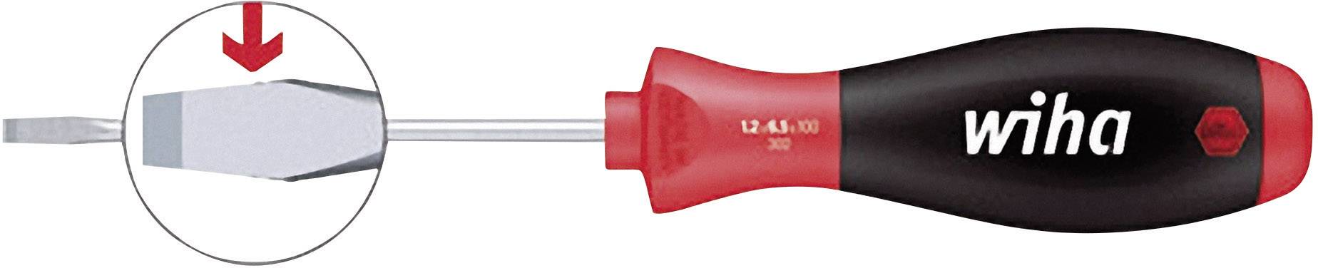 Schraubendreher mit rotem und schwarzem Griff der Marke Wiha, mit flachem Schraubenkopf in einem Vergrößerungseinsatz gezeigt.