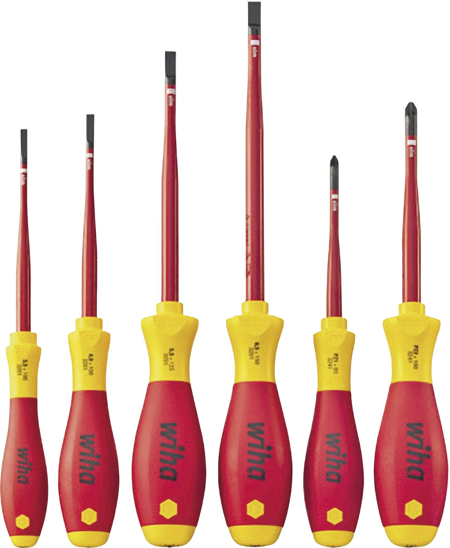 Sechs VDE-Schraubendreher mit roten Griffen und gelben Verzierungen, geeignet für Elektroarbeiten. Verschiedene Größen, Schlitz- und Kreuzschlitzspitzen.