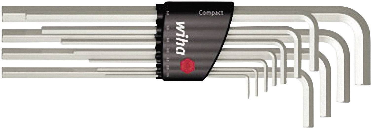 Satz von Winkelschlüsseln in verschiedenen Größen, zusammengesteckt in einem Halter mit der Aufschrift 'wiha Compact'.