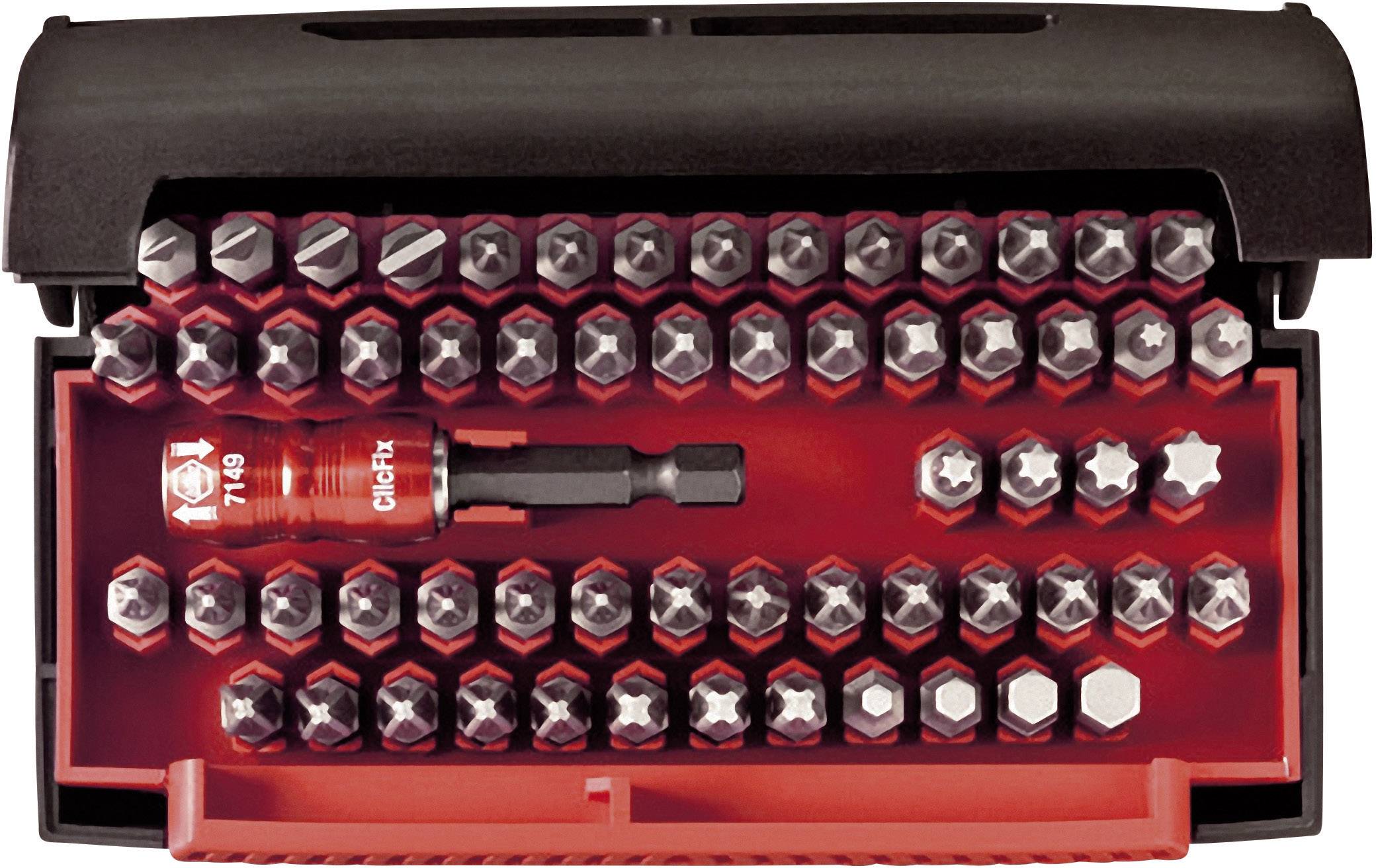 Ein Satz mit 51 Bits in einem rot-schwarzen Etui. Ein Bit ist rot und markiert.