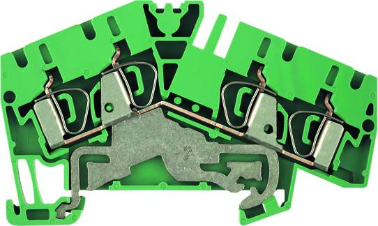 Grüner Steckverbinder mit drei Klemmen und metallischen Kontakten, die elektrische Verbindungen ermöglichen.
