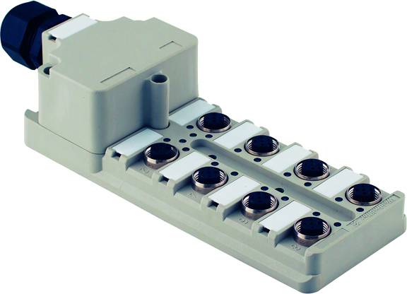 Ein graues elektronisches Modul mit mehreren Anschlüssen, geeignet für industrielle Anwendungen. Die Anschlüsse sind in einer Reihe angeordnet.