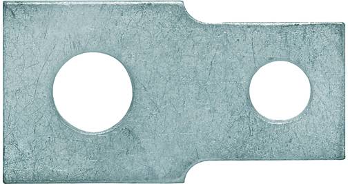 Ein flacher, rechteckiger Metallwinkel mit zwei runden Löchern unterschiedlicher Größe auf der linken und rechten Seite.