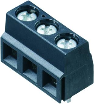 Eine schwarze 3-polige Schraubklemme für elektrische Verbindungen, mit Schrauben zur Drahtbefestigung. Geeignet für Platinenmontage.