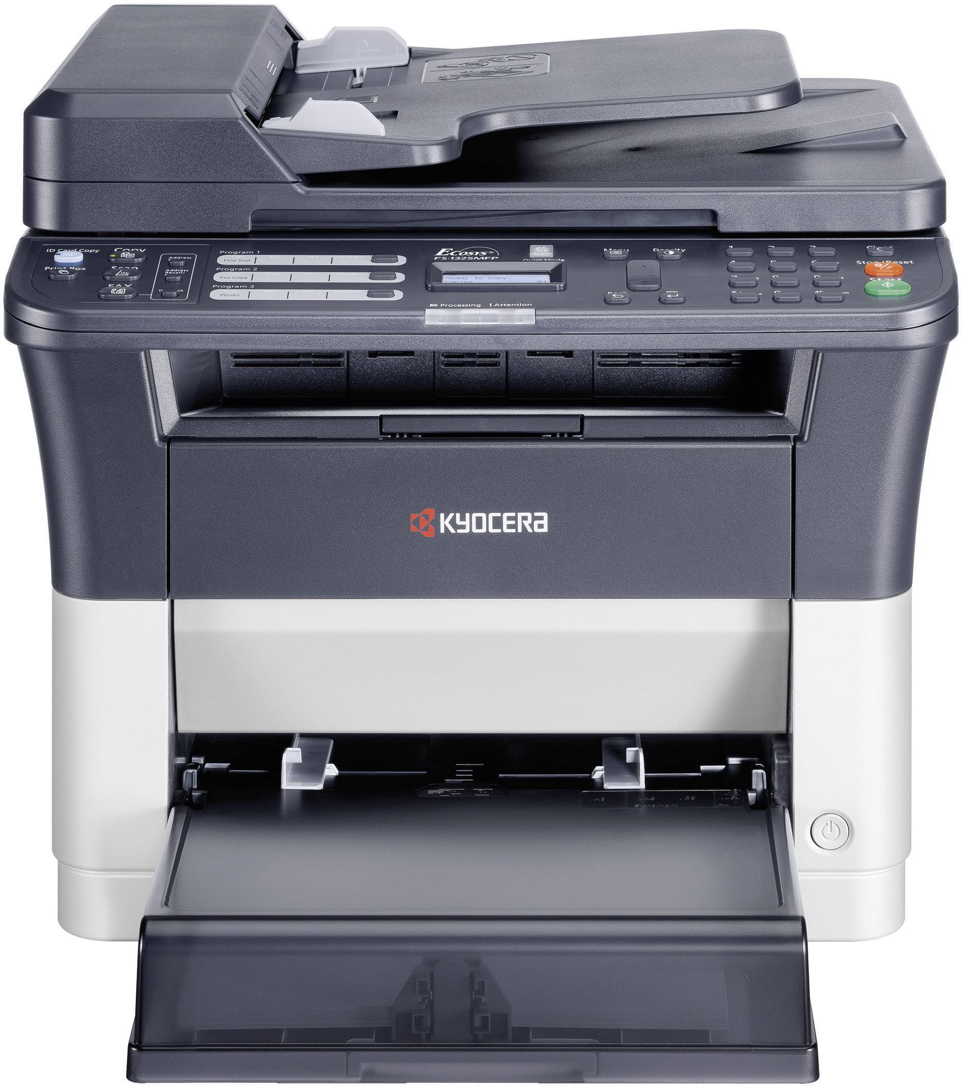 Ein multifunktionaler Drucker mit Bedienfeld, Papierschacht und Scanner oben. Modell von Kyocera, geeignet für Bürogebrauch.