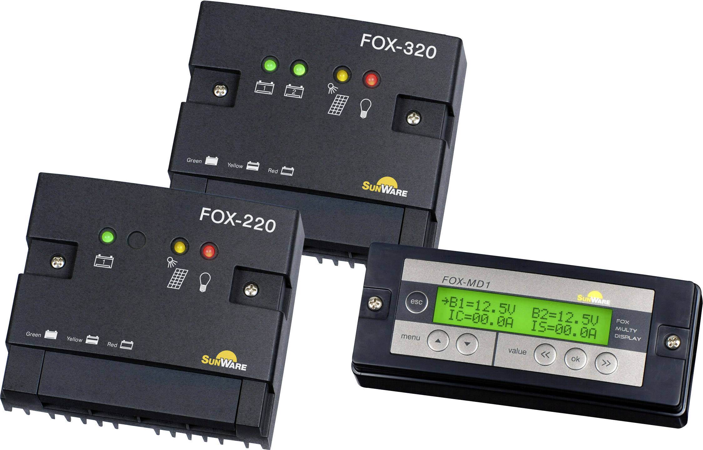 Solar-Laderegler FOX-220 und FOX-320 mit Bedieneinheit. Zeigt Betriebszustand mit LED-Anzeigen und LCD-Display zur Spannungsanzeige.