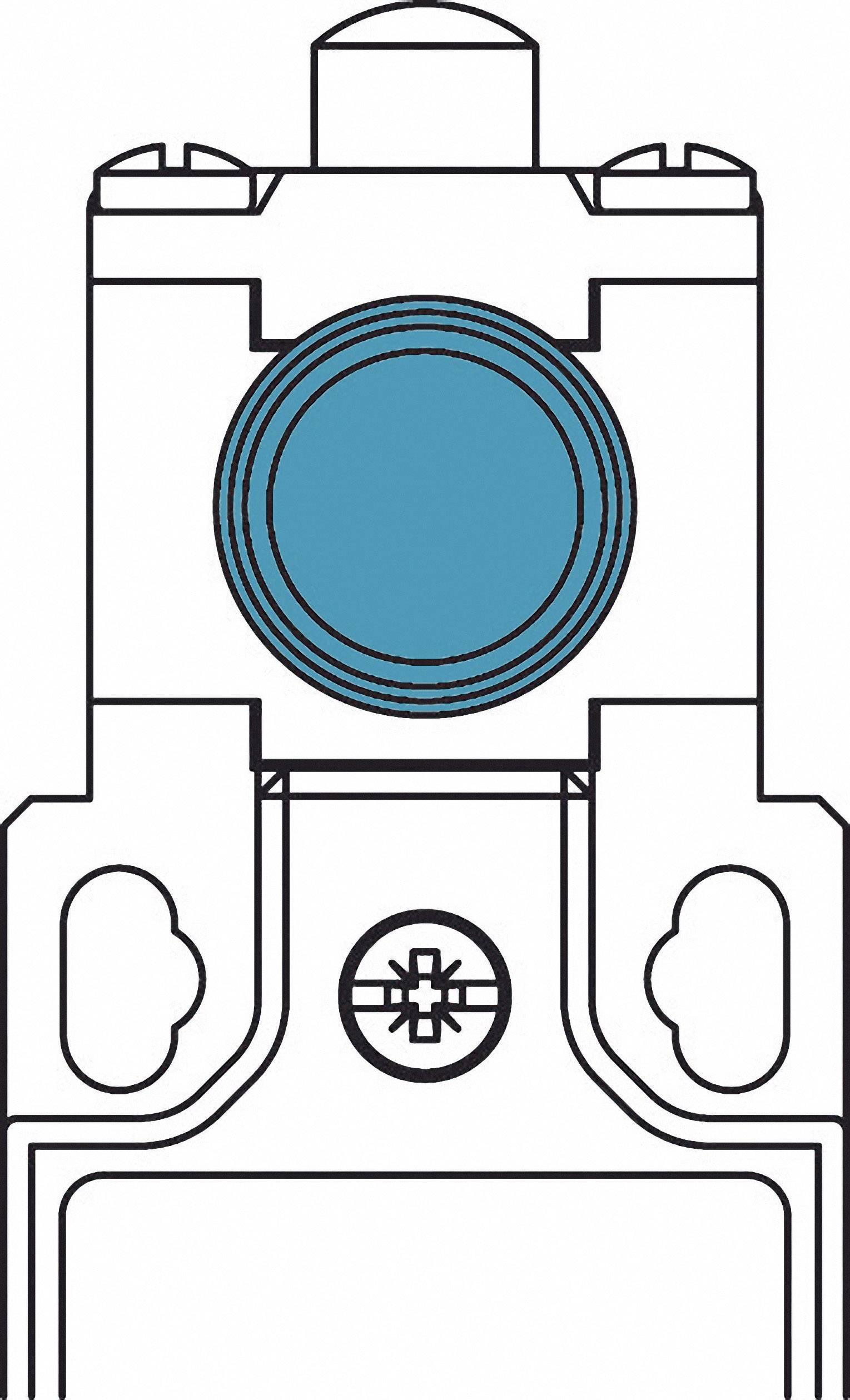 Technisches Diagramm eines Bauteils mit einem großen blauen Kreissymbol in der Mitte und mehreren geometrischen Formen darum.