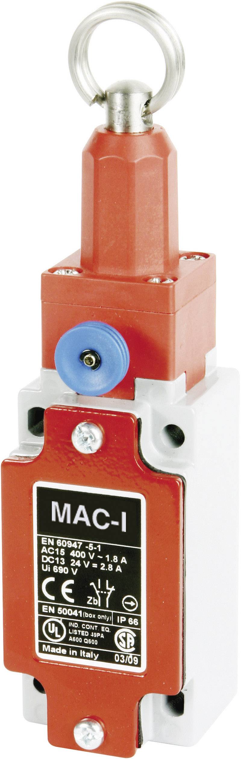 Ein roter und silberner elektrischer Sicherheitsschalter mit einem Metallring oben, markiert mit 'MAC-I' und technischen Spezifikationen.