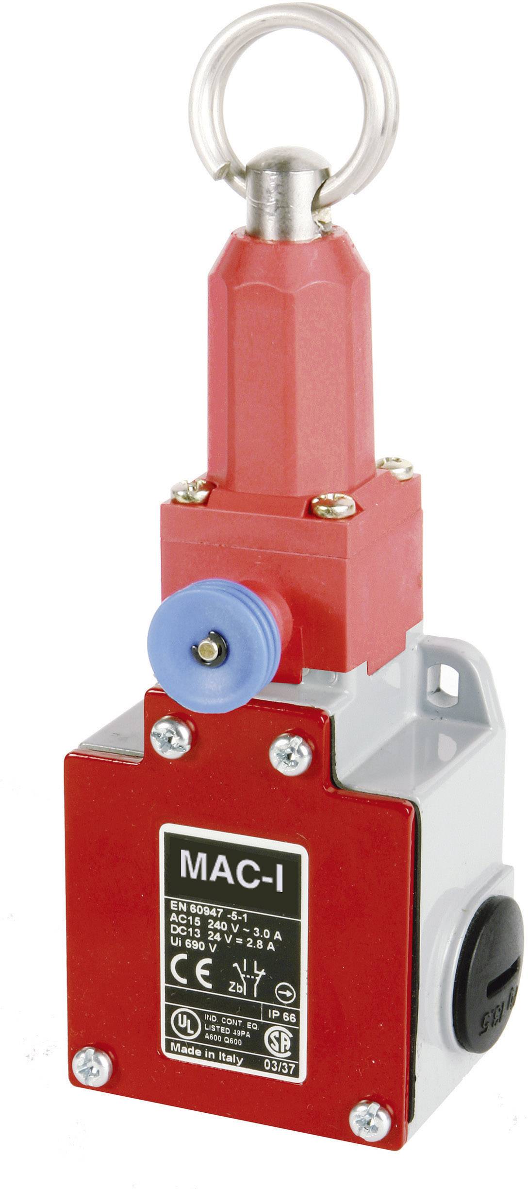 Roter Sicherheitsendschalter mit Metallring oben und schwarzem Knopf an der Seite, gekennzeichnet als 'MAC-I', enthält CE- und UL-Kennzeichnungen.