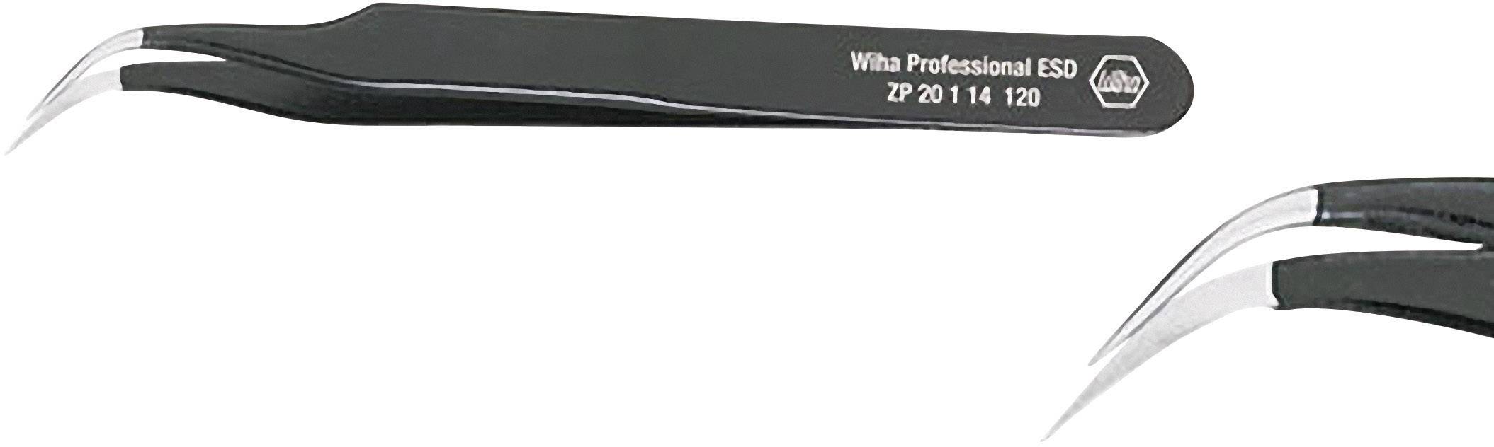 'Wiha Professional ESD'-Pinzette mit gebogenen Spitzen, geeignet für elektrostatische Entladungen. Die Pinzette ist schwarz und silber.