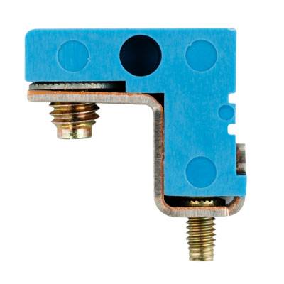 Ein blaues Rechteck mit Metallgewinden und einem zentralen Loch, wahrscheinlich ein elektronisches oder mechanisches Bauteil.