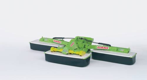 Grüner landwirtschaftlicher Mähbalken mit zwei seitlichen Schneideeinheiten von CLARAS. Entworfen zur effizienten Getreideernte.