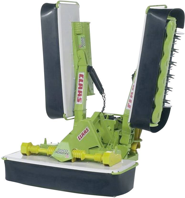 Grüne landwirtschaftliche Maschine mit zwei vertikalen Schneidemessern und gelben Verbindungselementen, Markenname 'CLAAS' sichtbar.