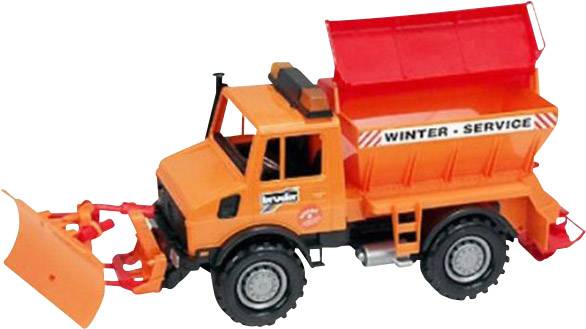 Spielzeug-Schneepflug in Orange mit Schild und Streusalzbehälter, beschriftet mit 'Winter-Service'.