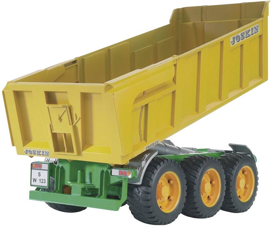 Gelber Joskin-Anhänger mit drei Achsen, grünem Fahrgestell und orangefarbenen Rädern, seitliche Ansicht.