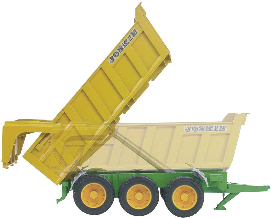 Kipphänger von Joskin in gelber Farbe mit grünem Fahrgestell, drei Räderachsen, die Ladefläche ist angehoben, um das Entladen zu ermöglichen.