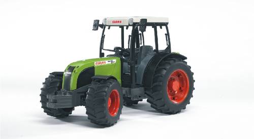 Ein grüner Spielzeugtraktor mit schwarzen Reifen und einem weißen Dach steht auf einem weißen Hintergrund.