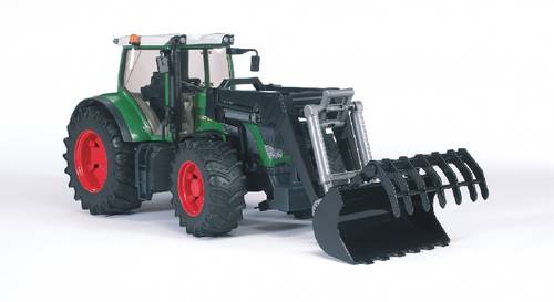 Traktor mit rotem Rad und grünem Gehäuse, ausgestattet mit einem Frontlader. Geeignet für landwirtschaftliche Aufgaben.
