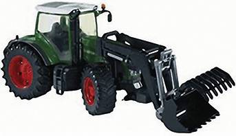 Spielzeugtraktor mit grüner Karosserie und rotem Rädern, ausgestattet mit Frontlader. Geeignet für Kinder ab 3 Jahren.