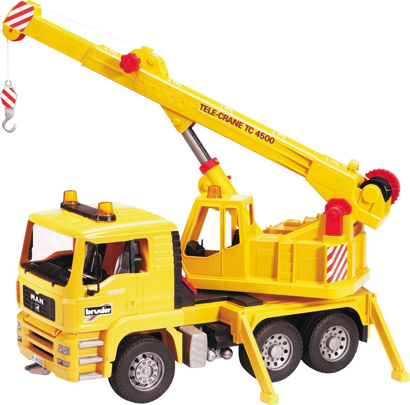 Ein gelber Spielzeugkranwagen mit der Aufschrift 'Tele-Crane TC 4500', der ausziehbaren Arm und Haken zeigt.