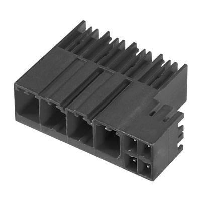 Schwarzer Kunststoffstecker mit sechs rechteckigen Buchsenöffnungen für elektrische Verbindungen, zwei Stifte sind sichtbar.
