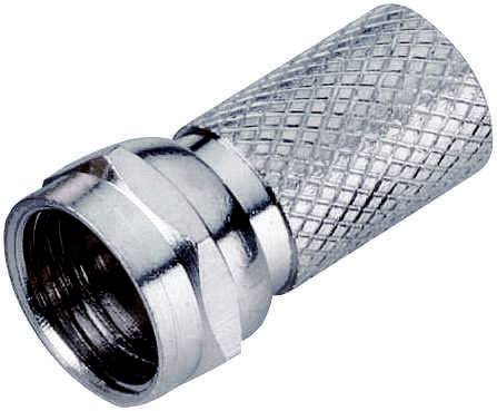 Metallischer Koaxialstecker mit gerändelter Oberfläche zur Befestigung an einem Kabel.