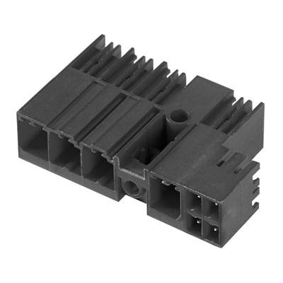 Schwarzer Kunststoffstecker mit mehreren quadratischen Anschlüssen und strukturierten Oberflächen, typisch für elektronische Geräte.