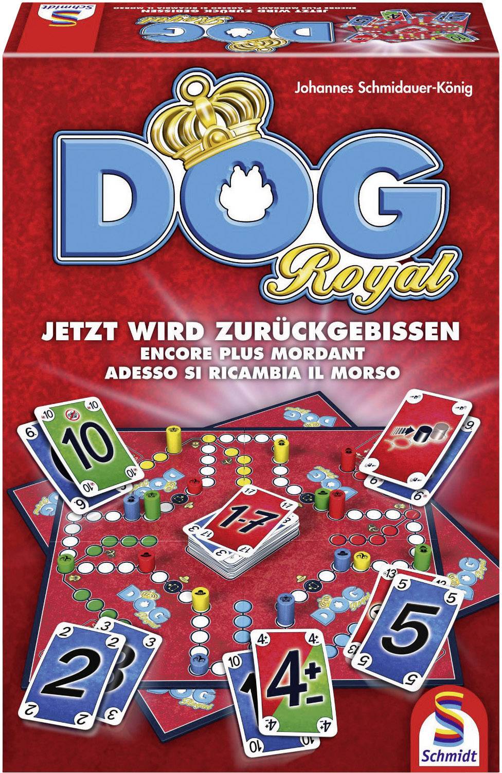 'Dog Royal' Spielverpackung, zeigt bunte Karten und Spielbrett. Text: 'Jetzt wird zurückgebissen'. Hersteller: Schmidt Spiele.