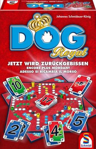 'DOG Royal' Brettspielbox mit Spielkarten und Spielbrett; vierfarbiges Spiel für mehrere Spieler; Titel in großer Schrift oben.